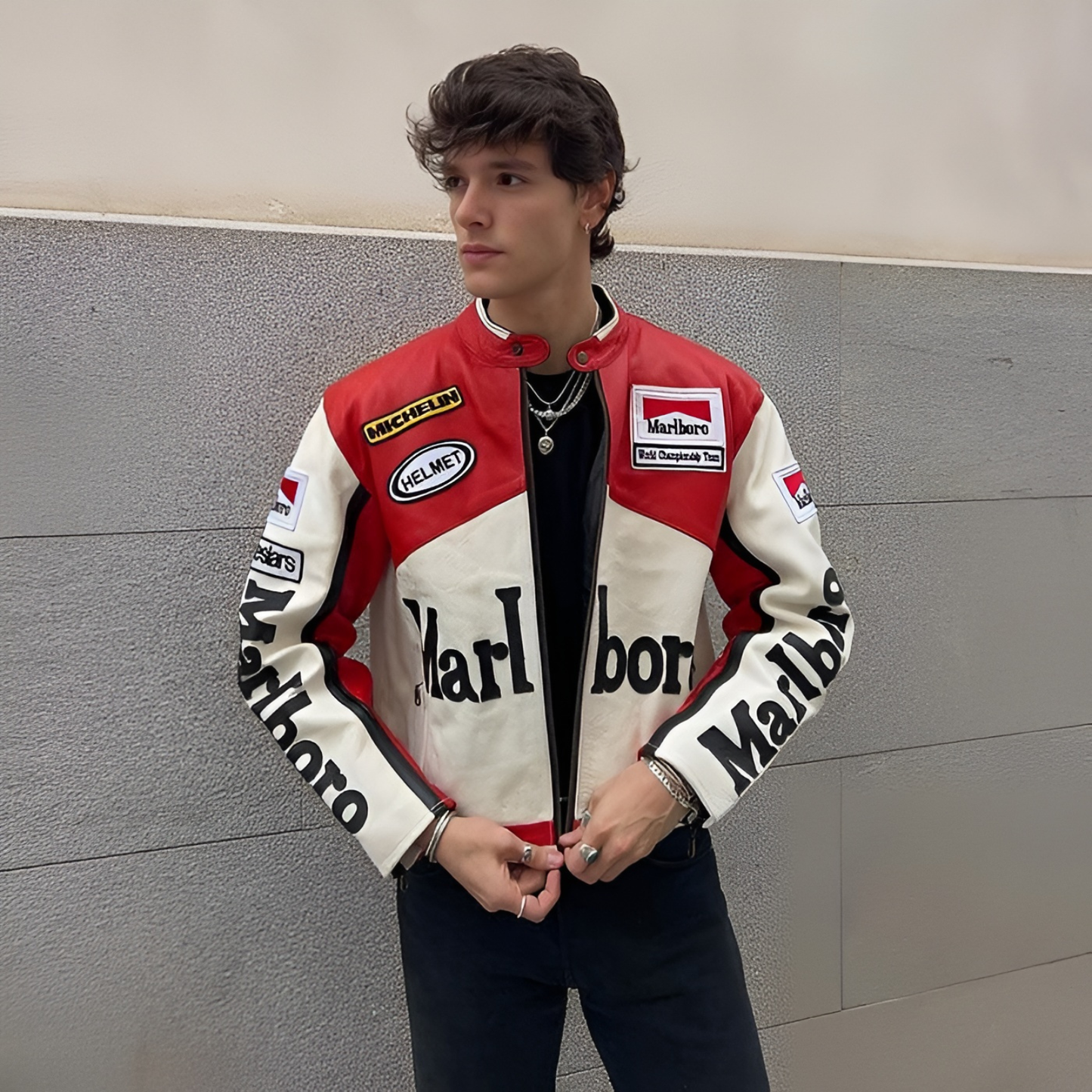White Marlboro Leather Racing Jacket